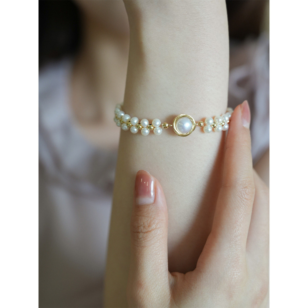 客订款 法式复古宫廷气质进口14k包金淡水珍珠纯手工编织蕾丝手链