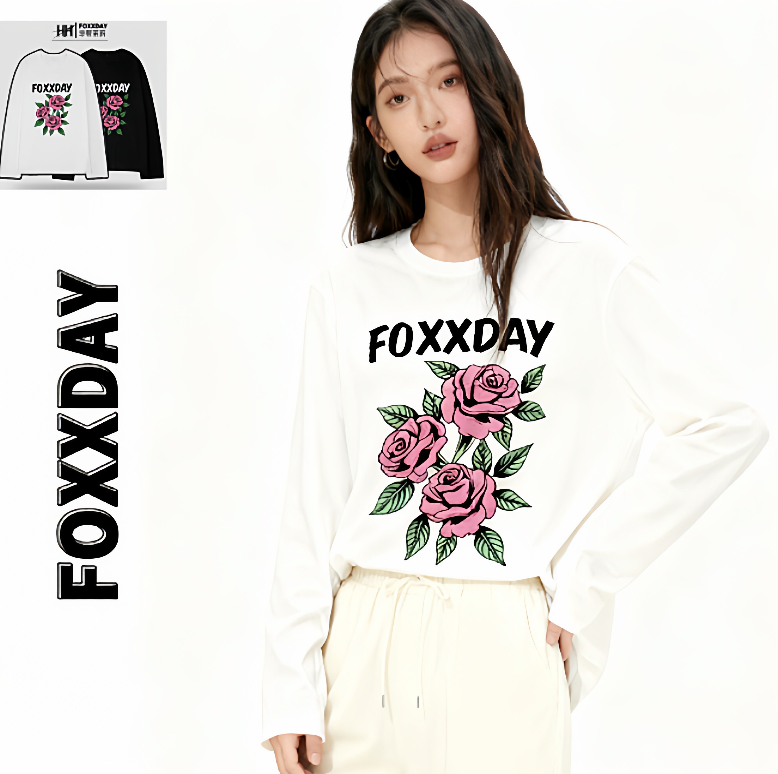 FOXXDAY小众潮牌【三朵玫瑰】2025宽松百搭男女潮流同款长袖T恤