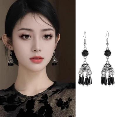 新中式灯笼流苏耳环黑色轻奢高级感耳坠复古民族风耳饰古风耳夹女