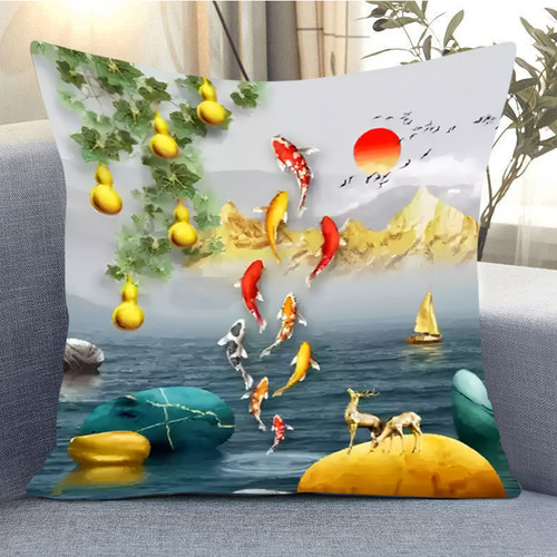 九鱼聚财图十字绣手工线绣抱枕新款diy刺绣靠枕山水风景现代高端