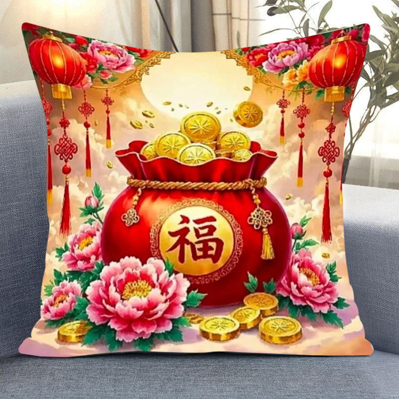 招财进宝喜庆福袋抱枕十字绣自己秀手工印花满绣客厅卧室花卉刺绣