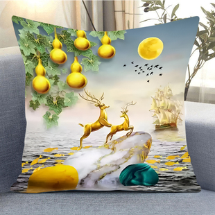 五福临门抱枕十字绣手工线绣靠枕套大气风景满绣现代高端麋鹿葫芦