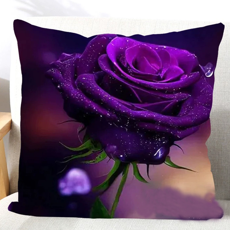 紫色玫瑰花十字绣抱枕套新款自己线绣卧室沙发手工制作花卉图靠枕