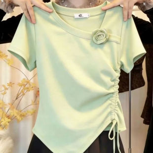小清新花朵短袖t恤女薄荷绿夏季甜美不对称斜领修身体恤正肩上衣