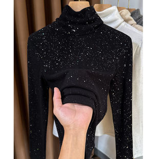 2026年黑色堆堆领亮片长袖T恤女春秋高级感德绒打底衫内外穿上衣