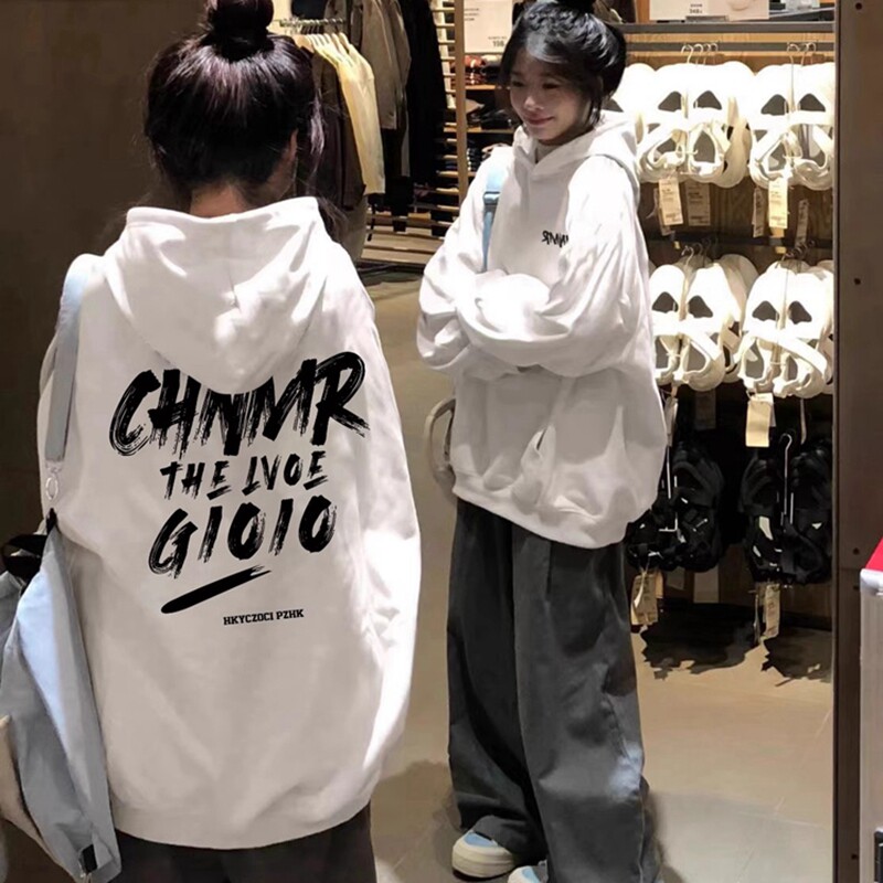 美式慵懒chic白色连帽卫衣女2024新款春秋宽松oversize慵懒风外套