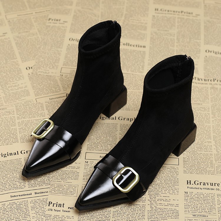 尖头皮带扣短靴女后拉链弹力靴子粗跟2025秋季新款时尚高跟瘦瘦靴