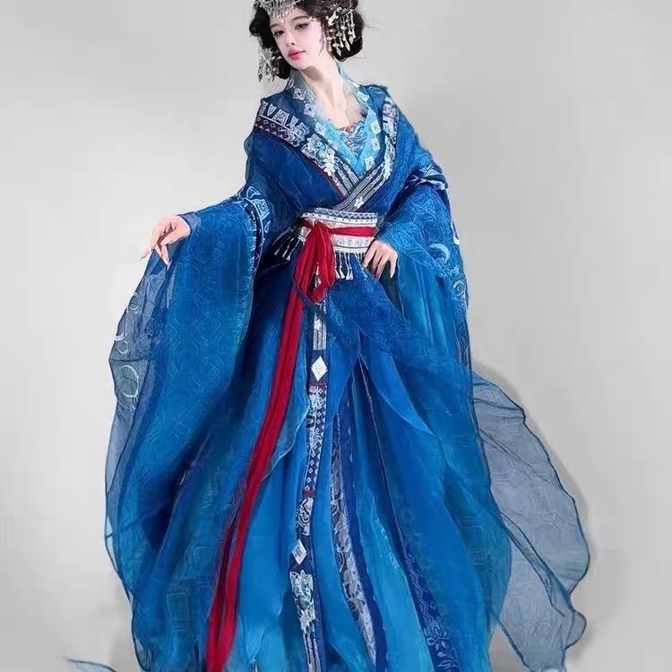 蓝染女苗疆少女刺绣大袖齐腰裙魏晋中国风民族异域套装