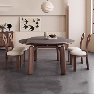 伸缩岩板餐桌家用可折叠变圆实木饭桌现代简约胡桃色方圆两用餐桌
