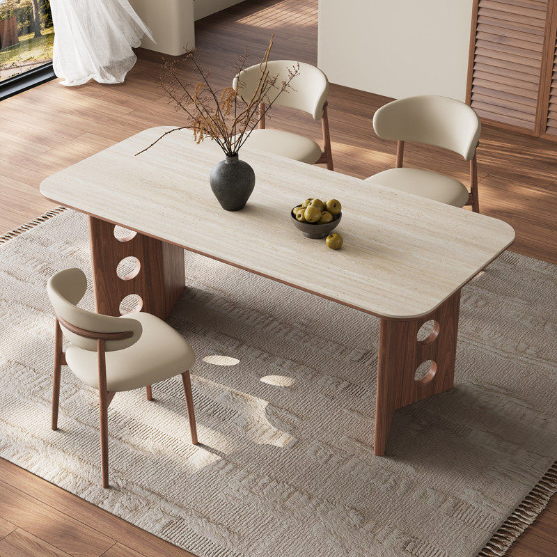 中古风洞石岩板餐桌现代简约家用小户型长方形实木饭桌胡桃色餐桌,住宅家具,岩板餐桌,淘宝优惠券,粉丝福利购,淘宝优惠卷