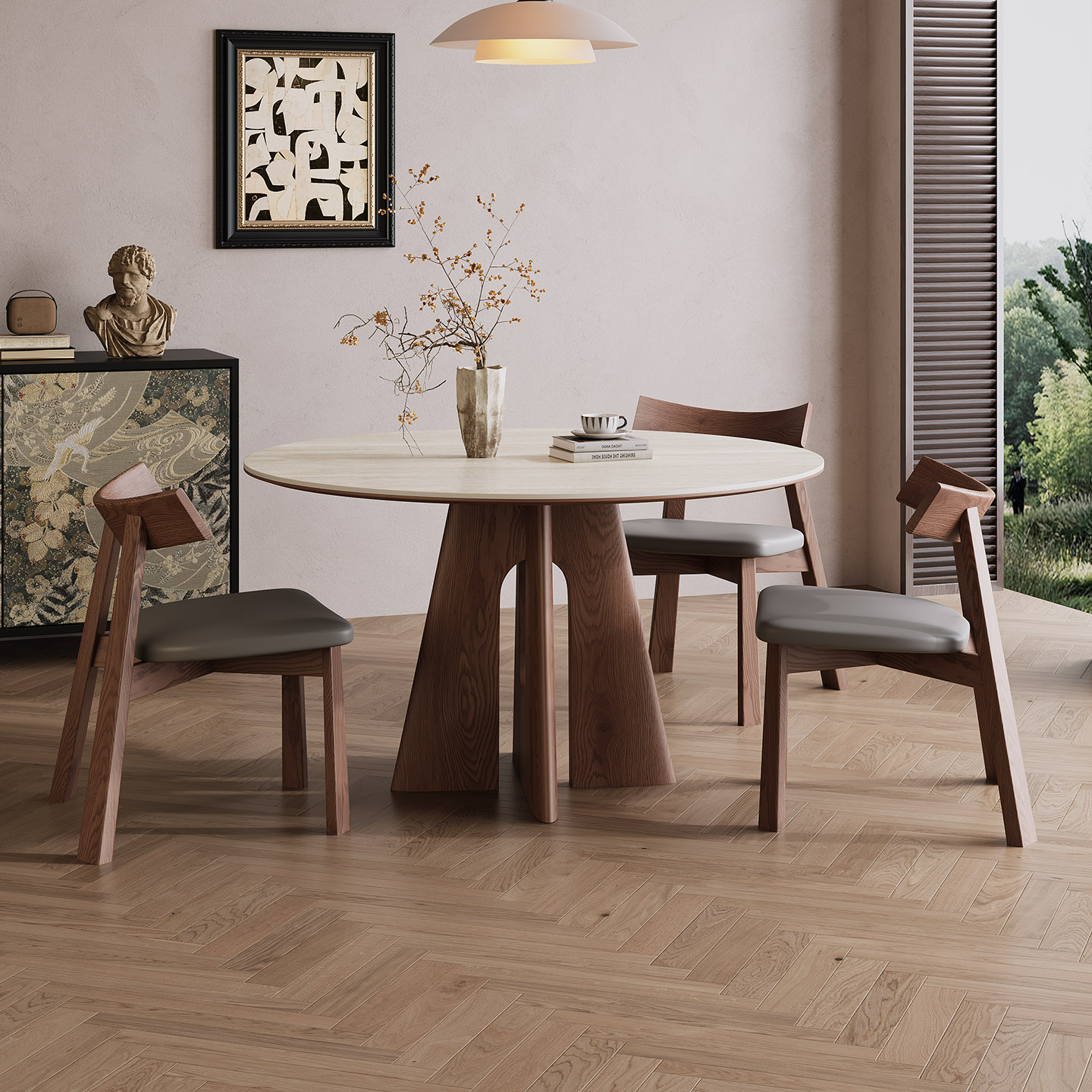 梦欧洞石岩板圆形餐桌厂家直销