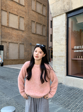 Peanut 花生糖 粉色花纱毛衣秋冬新款软糯宽松气质韩系针织上衣
