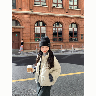 Peanut 花生糖 短款立领拼色格子羽绒服冬季新款宽松设计感外套