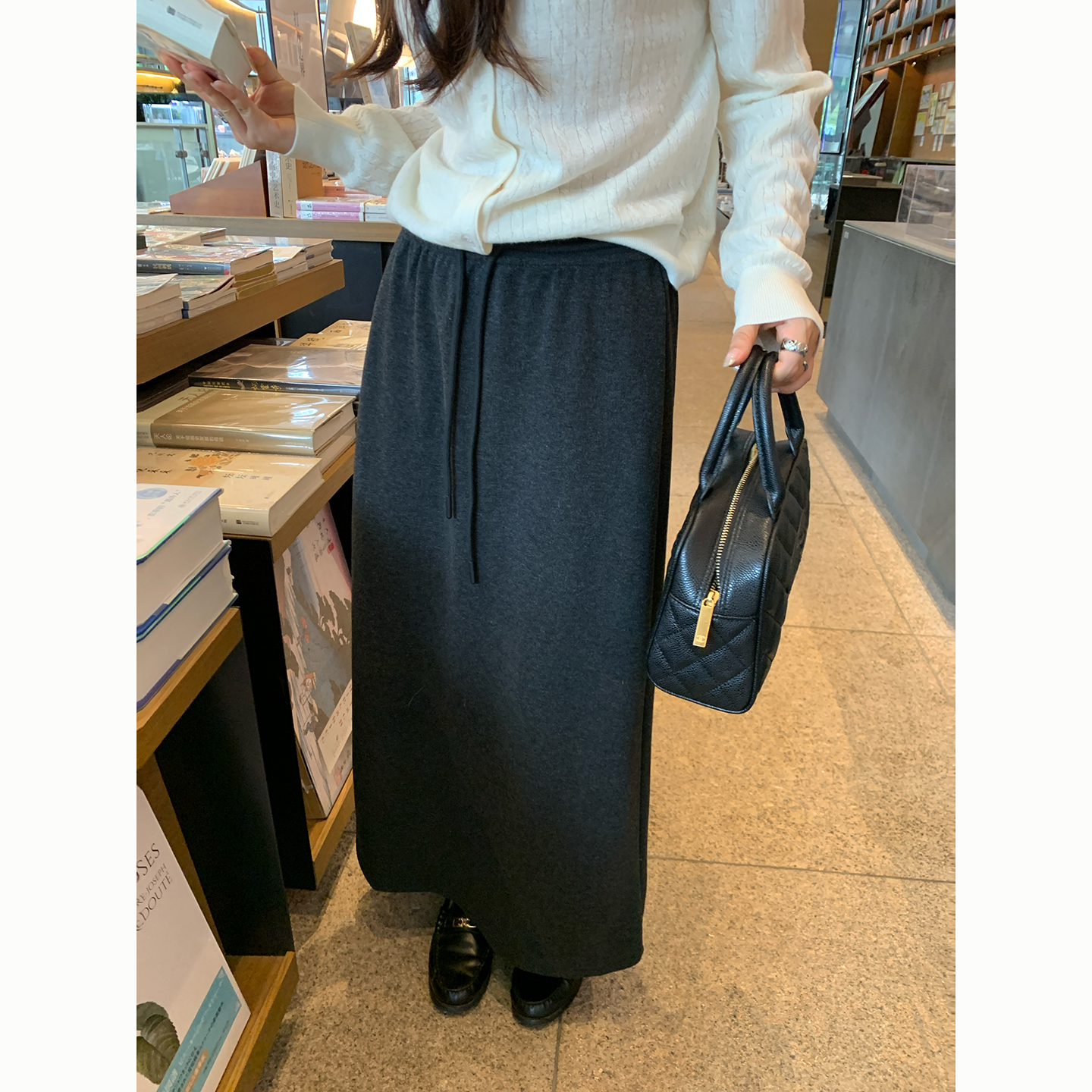 Peanut 花生糖 垂感仿羊绒开衩半身裙秋冬新款宽松显瘦直筒长裙