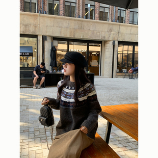 Peanut 花生糖 费尔岛提花毛衣秋冬新款复古圈圈毛套头针织衫