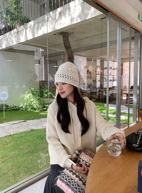 Peanut 花生糖 粗棒针镂空连帽毛衣秋冬新款设计感亲肤针织开衫