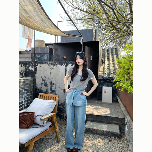 Peanut 花生糖 两穿屁帘牛仔裤女夏季新款韩版设计感小众直筒裤