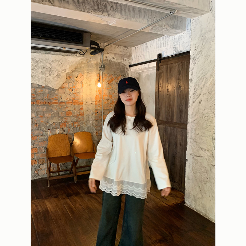 Peanut 花生糖 花边磨毛中长款打底T恤冬季新款韩版宽松长袖ins