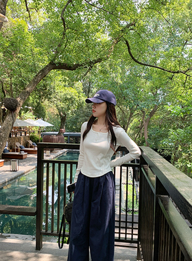 Peanut花生糖 亨利扣方领修身长袖打底衫秋季新款百搭设计感上衣