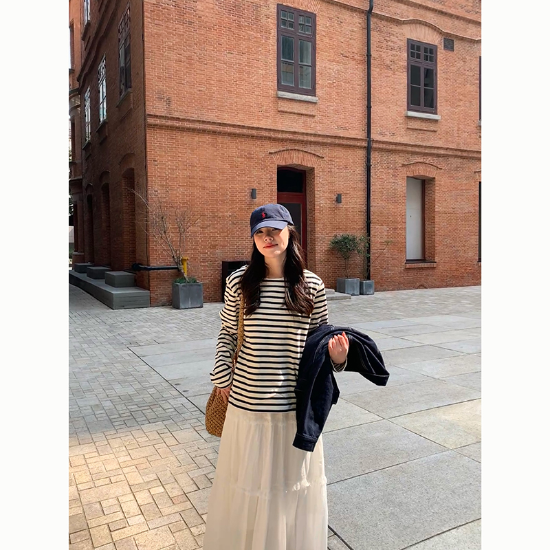 Peanut花生糖 条纹宽松韩版长袖T恤春季新款休闲百搭显瘦上衣女