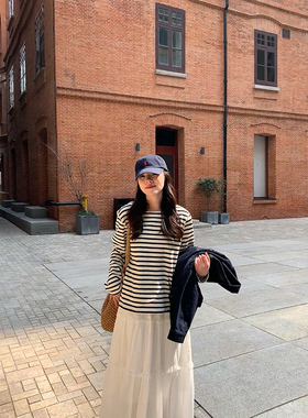 Peanut花生糖 条纹宽松韩版长袖T恤春季新款休闲百搭显瘦上衣女