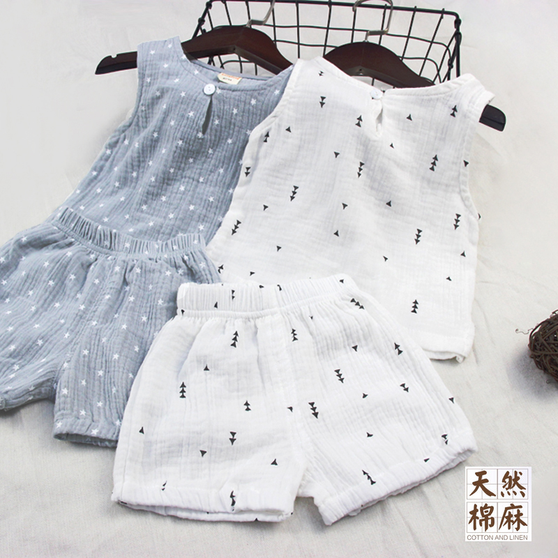 男女寶寶夏裝套裝0一1-2-3歲韓版潮兒童純棉麻嬰兒紗布背心兩件套