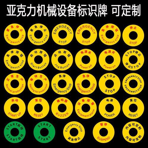 亚克力机械设备安全标识贴牌配电房电柜指示灯电源启动按钮铭牌圆