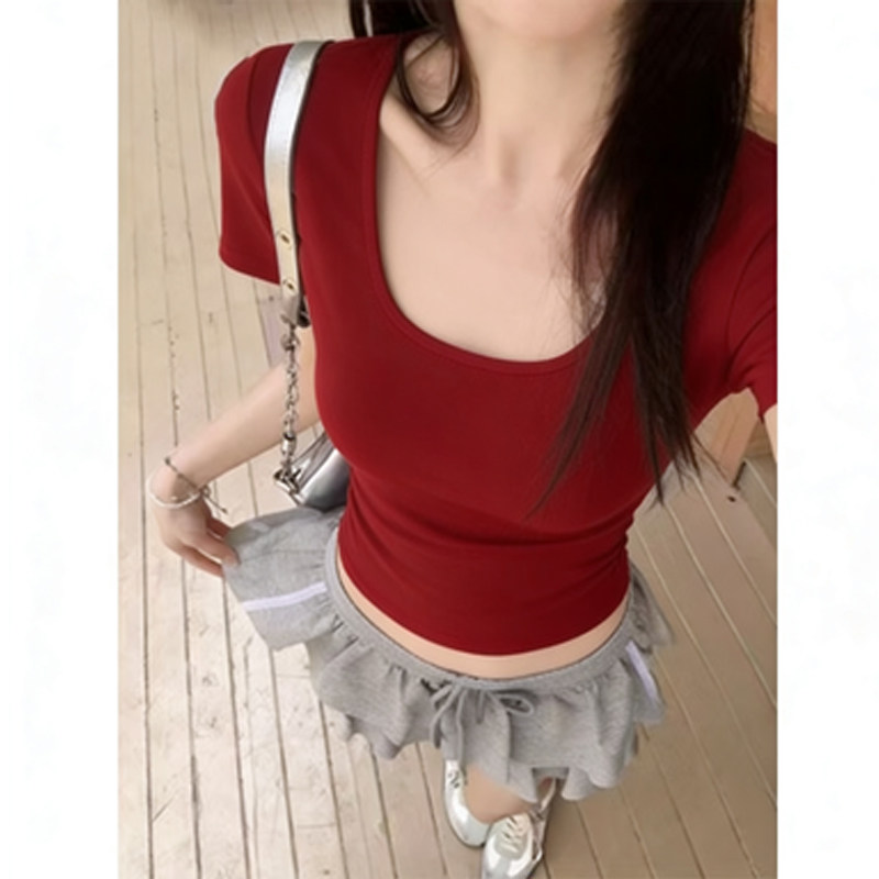 230克冰丝罗纹 上衣短款大领口正肩修身方领短袖t恤女新款小个子