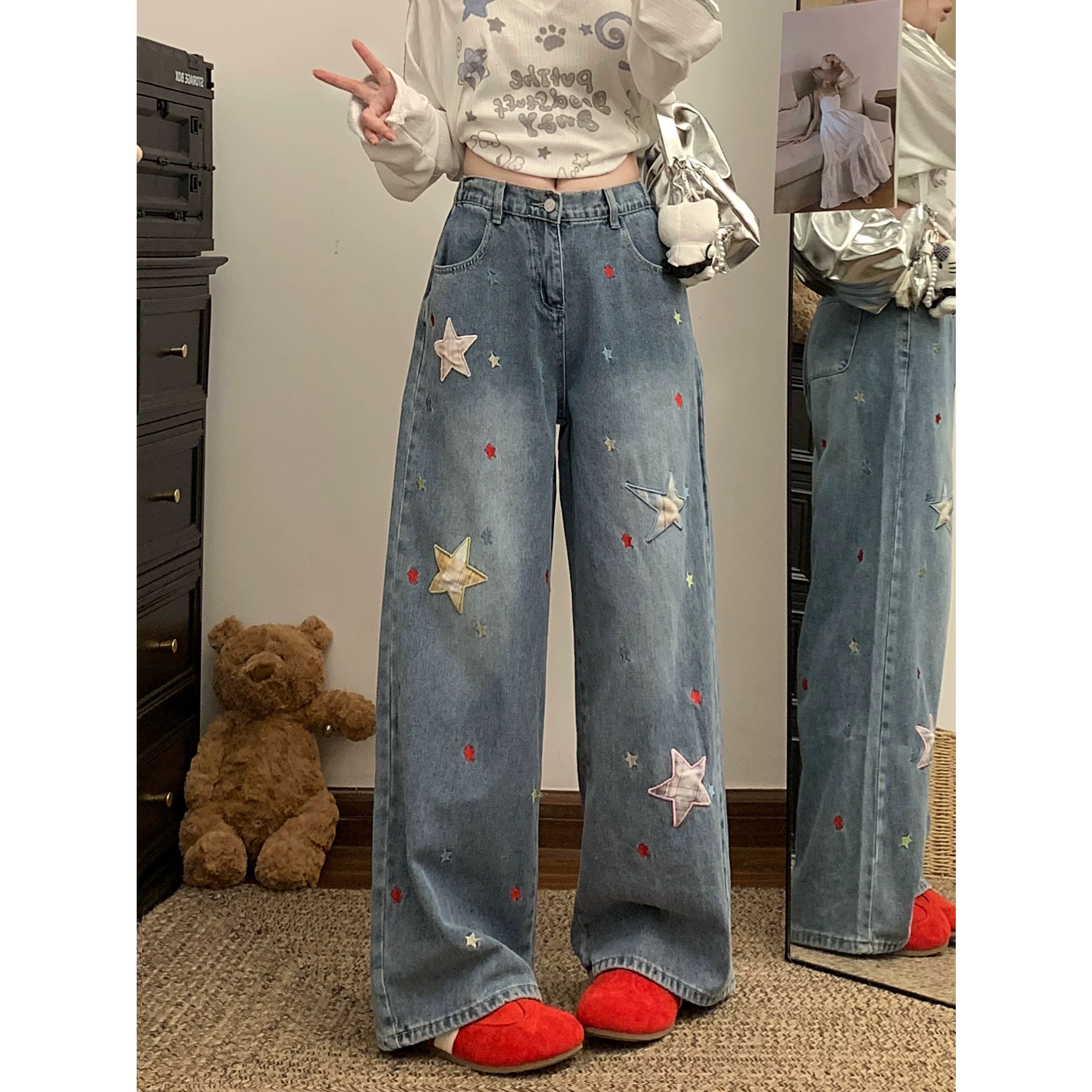 美式复古星星贴布牛仔裤女夏季高腰宽松垂感y2k阔腿长裤