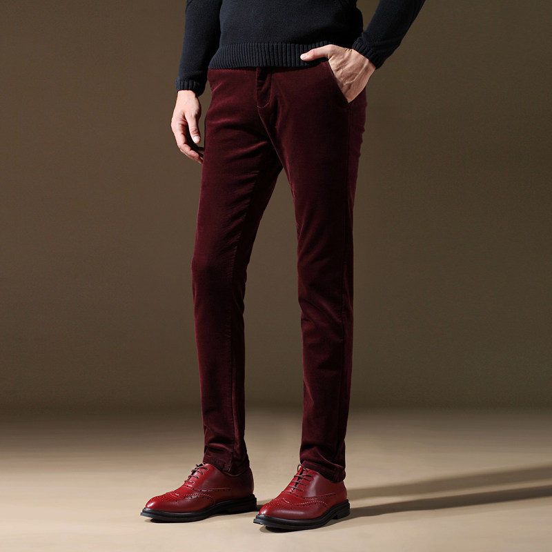 与狼共舞秋冬款灯芯绒男裤冬季男士休闲裤加绒加厚条绒裤修身小脚