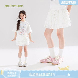 白色蓬蓬裙腰裙半身裙甜美女童夏新 舒芙蕾蛋糕 全棉绣花花边