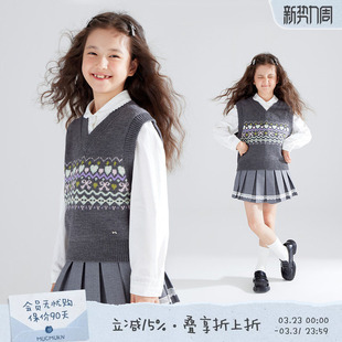 毛衣背心美利奴羊毛混纺女童蝴蝶结提花毛针织衫 格雷费尔岛