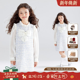 细闪小香风连衣裙女童丝缎蝴蝶结粗花呢春秋小香裙 巴黎蓝诗集