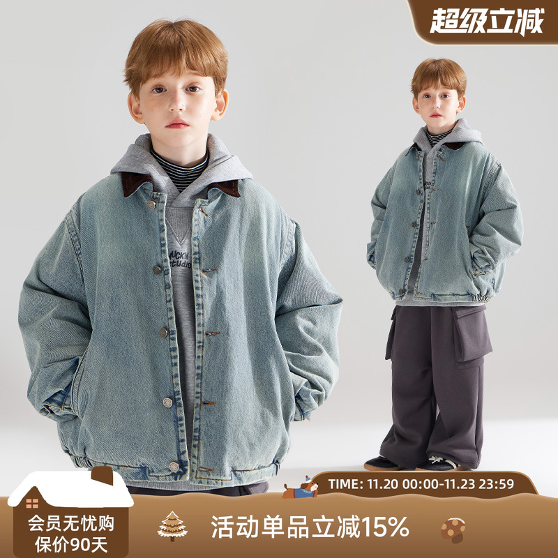 【街头巴恩】潮牌牛仔夹克灯芯绒翻领夹棉冬季外套男童新款