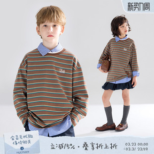 T恤上衣男女童百搭打底衫 MUCMUKN童装 纯棉假两件条纹长袖 新款 春装