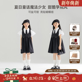 女童洋气时髦黑色背带裙夏女孩可爱休闲蝴蝶结中大儿童学院风裙子