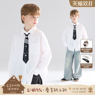 【趣变绅士】高密全棉 领带印花衬衫学院风白色衬衫男童秋新