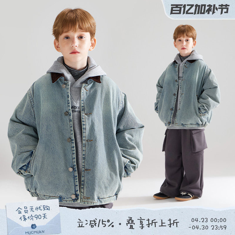 【街头巴恩】潮牌牛仔夹克灯芯绒翻领夹棉冬季外套男童新款