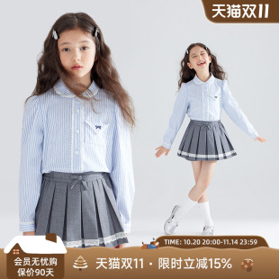 中大童蓝白条蝴蝶结上衣 女童芭蕾学院风花边衬衫 蓝调学院
