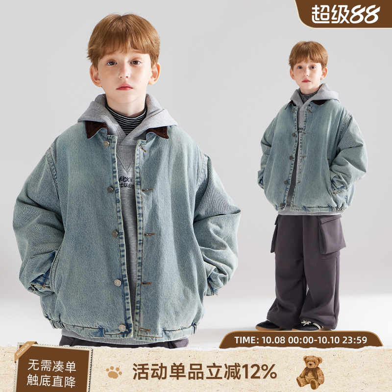 【街头巴恩】潮牌牛仔夹克灯芯绒翻领夹棉冬季外套男童新款