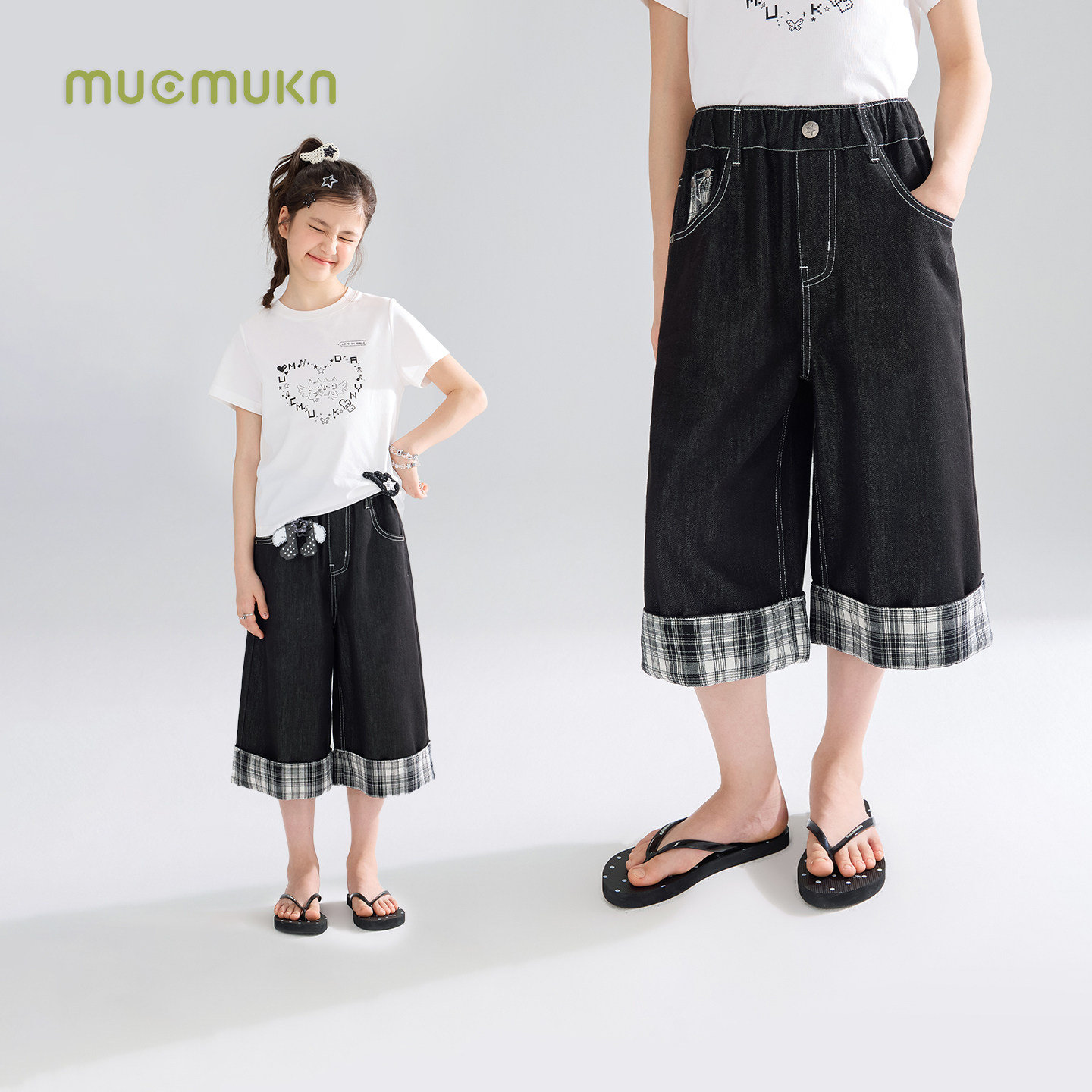 MUCMUKN【轻亚神裤】凉感莱赛尔牛仔棉拼格星星七分裤女童26夏新图片