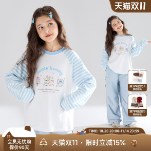 手绘小兔印花条纹T恤长袖 超柔软100%全棉 气兔兔 女童秋新 元