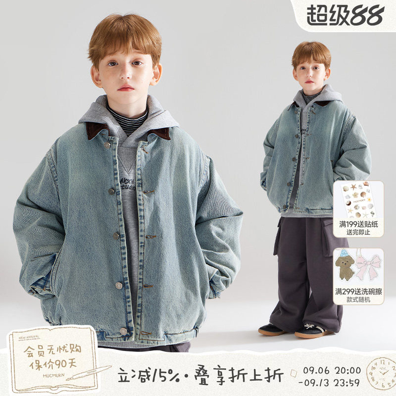 【街头巴恩】潮牌牛仔夹克灯芯绒翻领夹棉冬季外套男童新款