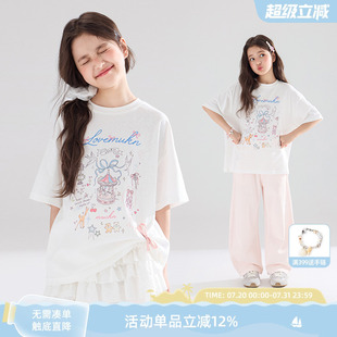 新 心愿童话 雪花棉柔软宽松手绘印花短袖 T恤夏日T恤女童夏季