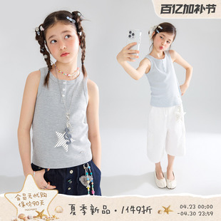 MUCMUKN【时髦轻亚girl】透气罗纹棉亨利领条纹纽扣背心T恤女童夏