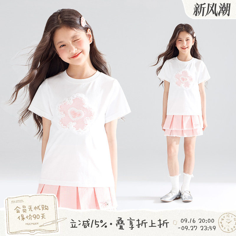 MUCMUKN【蜜糖花园】sorona光盾凉感蕾丝边花朵短袖T恤格纹腰裙图片