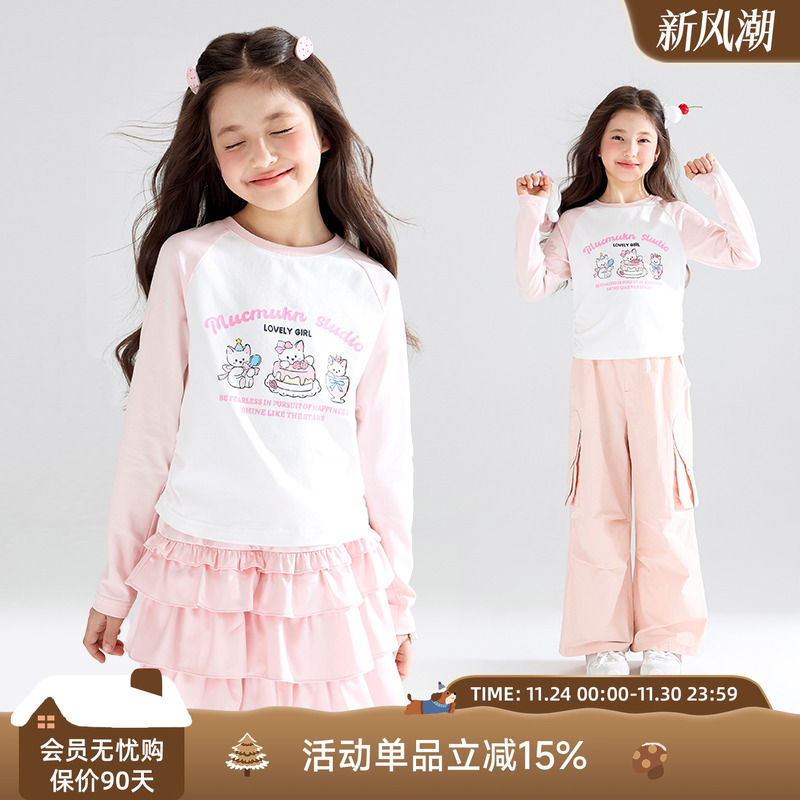 【元气猫猫】天丝棉20莱赛尔70棉可爱猫咪短T恤长袖腰抽褶女童