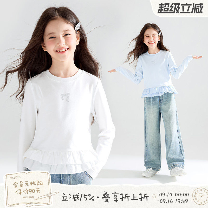 MUCMUKN【云梦芭蕾】莱赛尔棉蝴蝶结烫钻T恤蛋糕花边长袖女童秋款图片