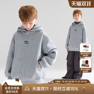 一体绒男童 潮牌街头灰色连帽加绒卫衣叠穿神器冬季 滑板少年