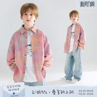 字母绣花皱感粉色休闲长袖 渐变提花格衬衫 男女童款 彩虹泡泡